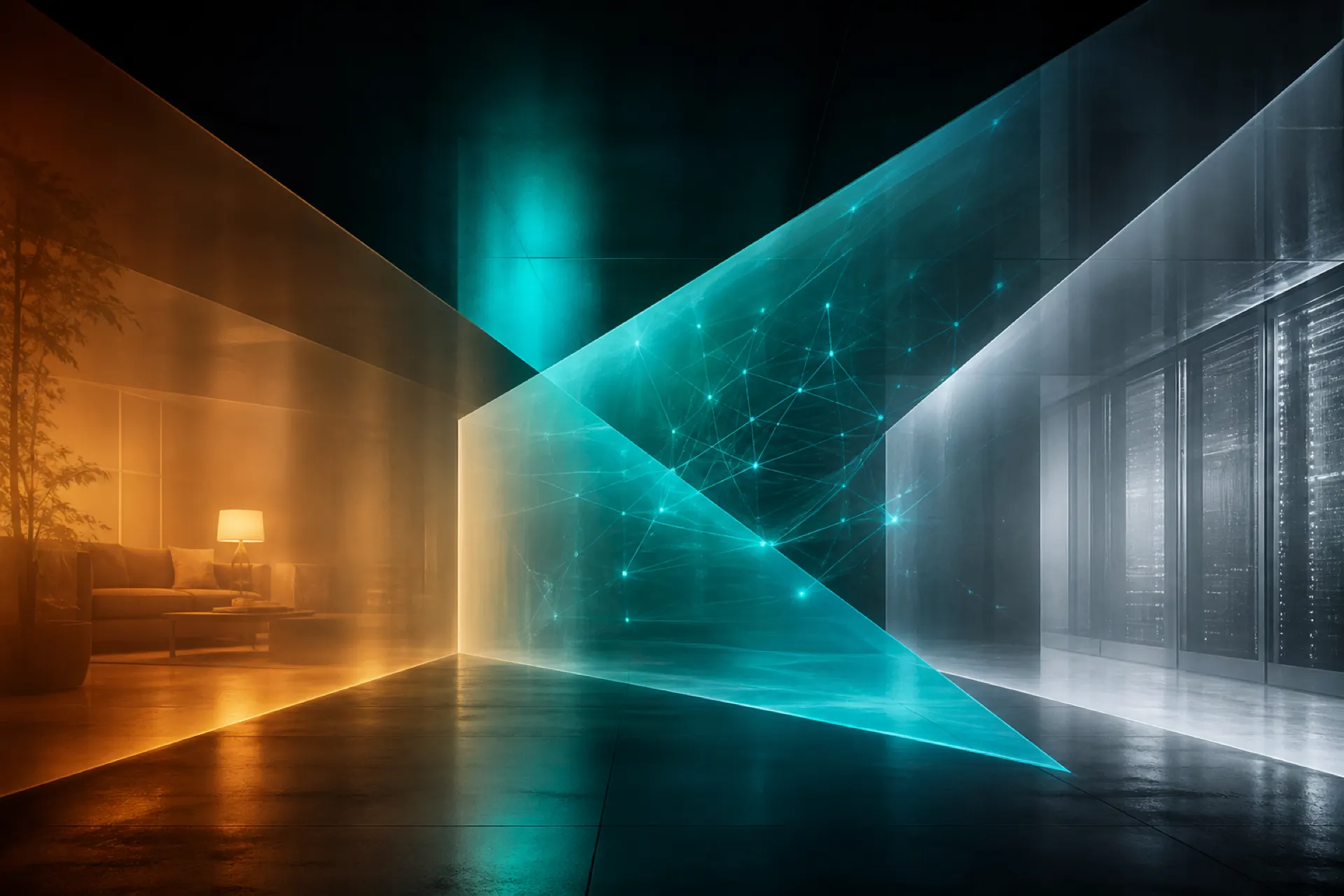 Abstract intersecting planes of warm, teal, and steel light in a dark architectural space